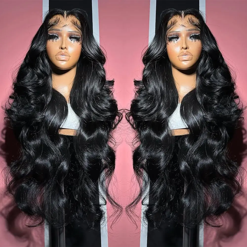 Wig Depan Renda Gelombang Tubuh 13X4 Hitam Alami Rambut Manusia Wig Frontal Renda Transparan HD Pra Pencabutan dengan Rambut Bayi dengan Kepadatan 180%