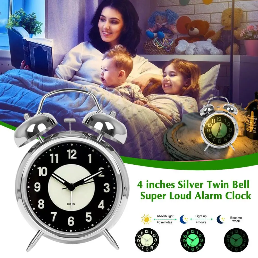 4 Inches Silver Twin Bell Super Loud Alarm Clock Analog Clock Silent With Night Light For Working Sleeping Environments Dep Q6B8