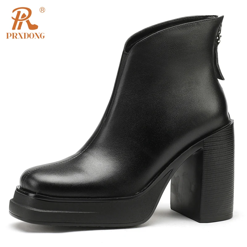 PRXDONG Women's 2023 New Classics Genuine Cow Leather Autumn Winter Ankle Boots Chunky High Heel Platform Black Brown Lady Shoes