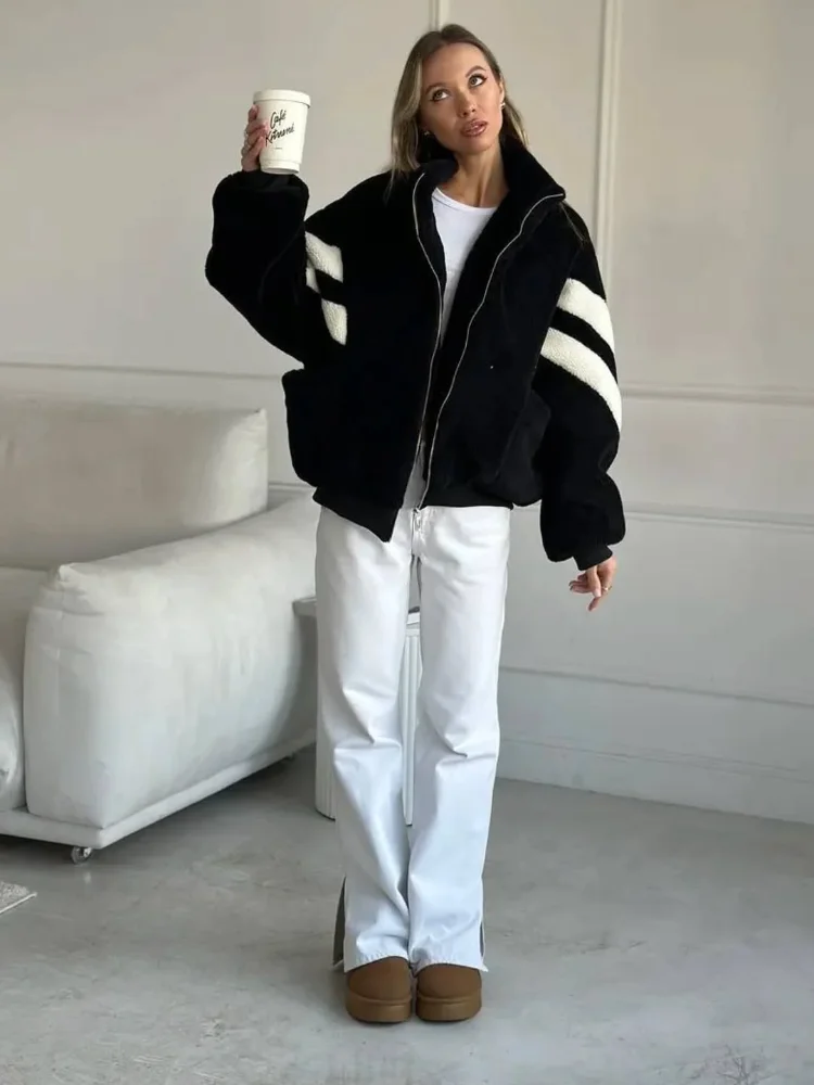 

Полосатое пальто из овечьей шерсти, женское повседневное пальто с воротником-стойкой, длинным рукавом, карманом на молнии, свободная куртка, женские зимние повседневные уличные пальто