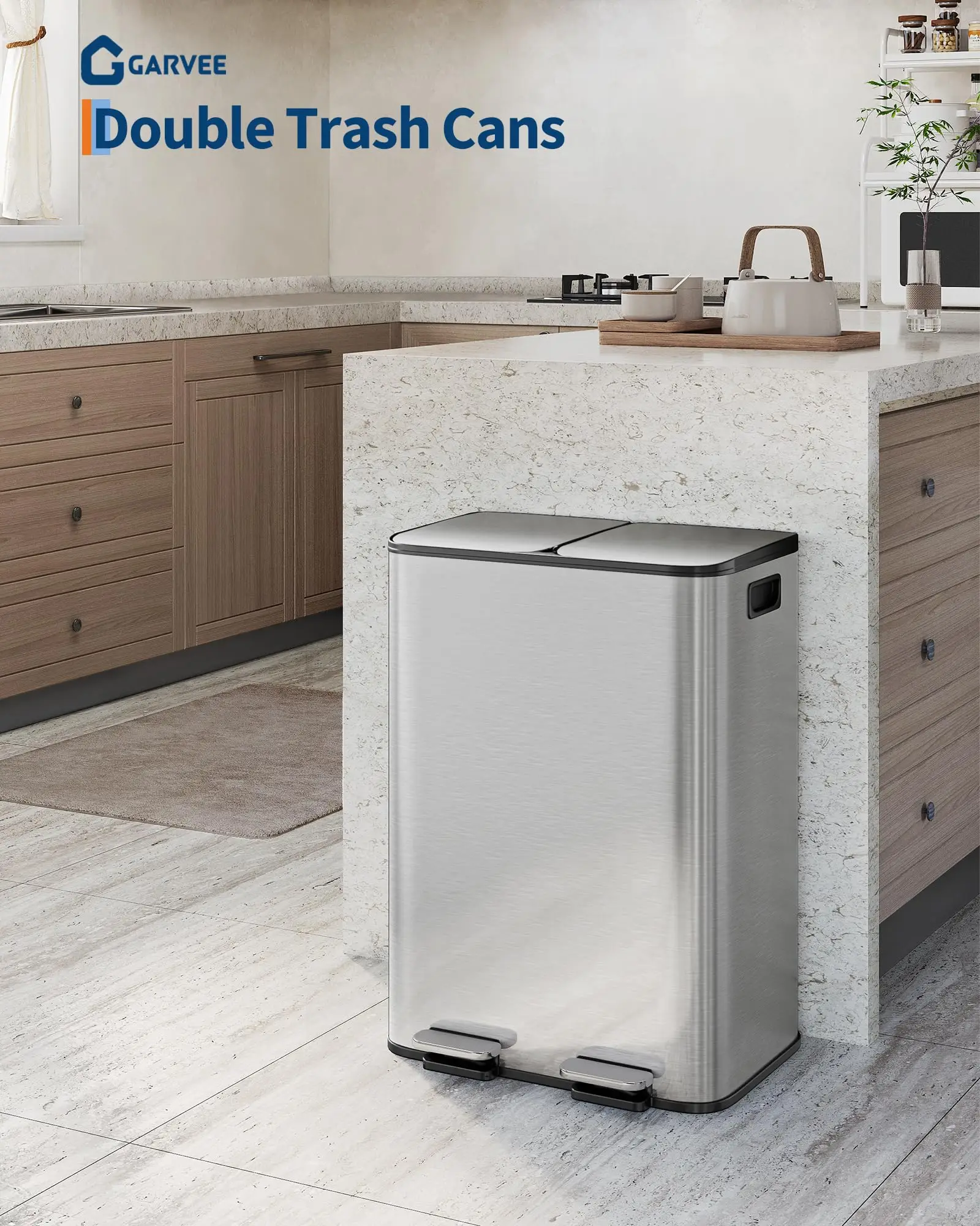 Trash Can, 2 x 8 gal (2 x 30 L) Garbage Can for Kitchen Dual Compartment Recycling Kitchen Step Trash Bin, Stainless Steel Trash and Recycle Bin Combo with Soft-Close Lid,Silver