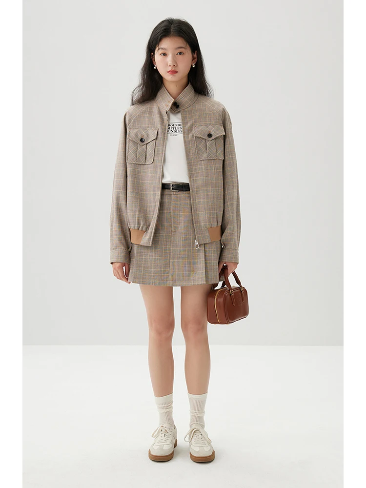 ZIQIAO Light Brown Plaid Stripe Women Spring Jacket+Skirt Two Piece Sets Stand Collar Raglan Sleeve Coat 24ZQ91174+24ZQ91175