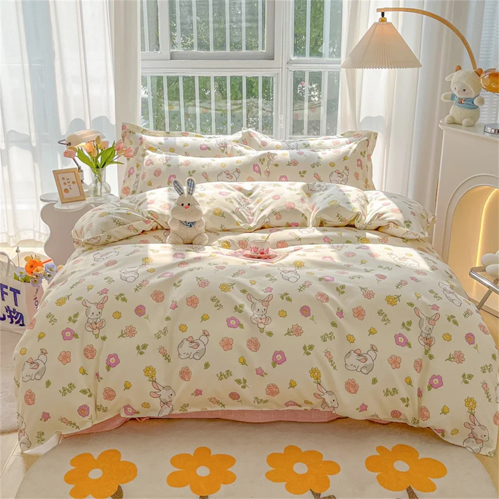 

Cartoon Floral Print Polyester Bedding Set Fashion Full Size Soft Thicken Duvet Cover Set with Flat Sheet Quilt Cover Pillowcase