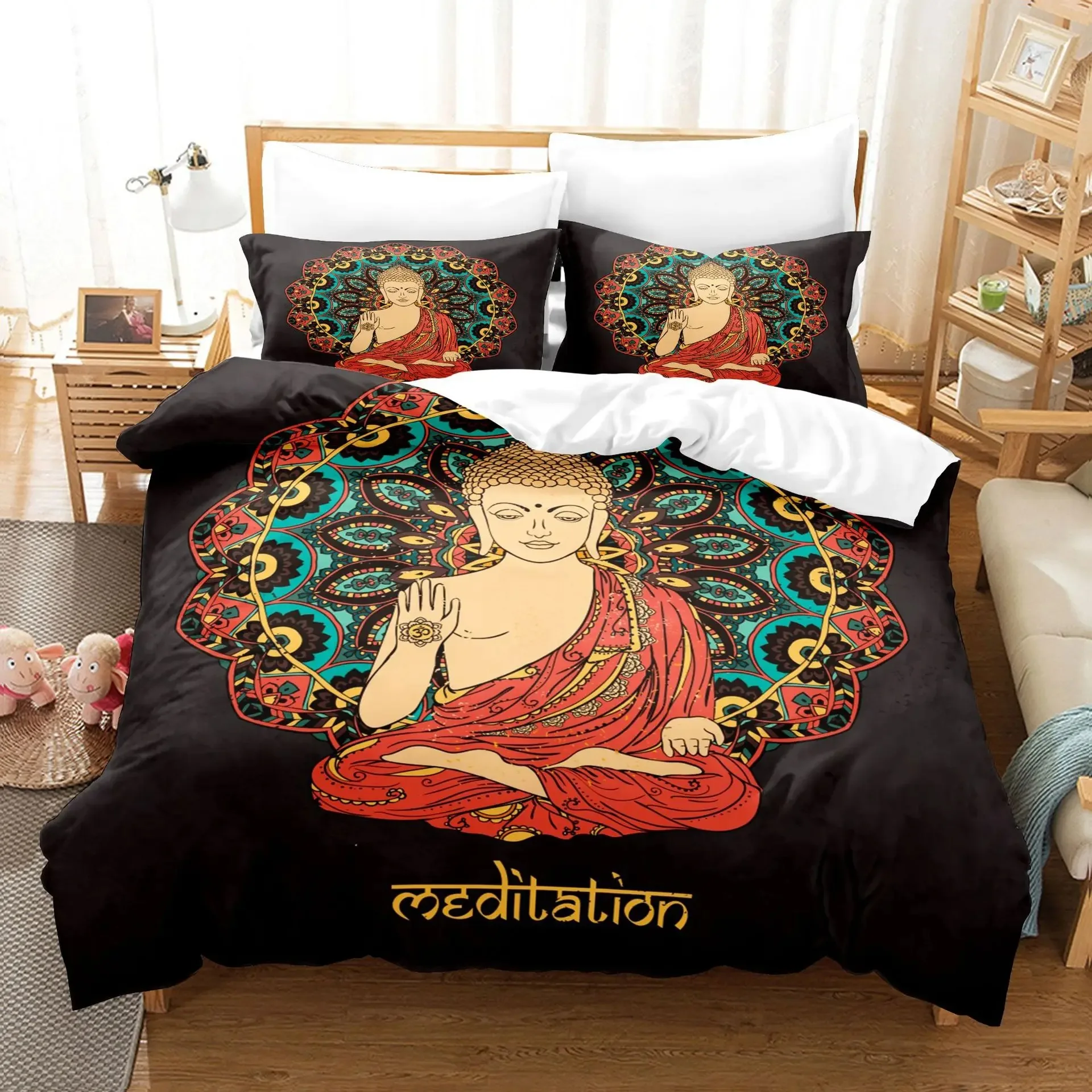 

Buddha Duvet Cover Set King Queen Size,Hamsa Hand Indian Art Bohemian Mandala Zen Themed Bedding Set,Buddhist Decor Quilt Cover