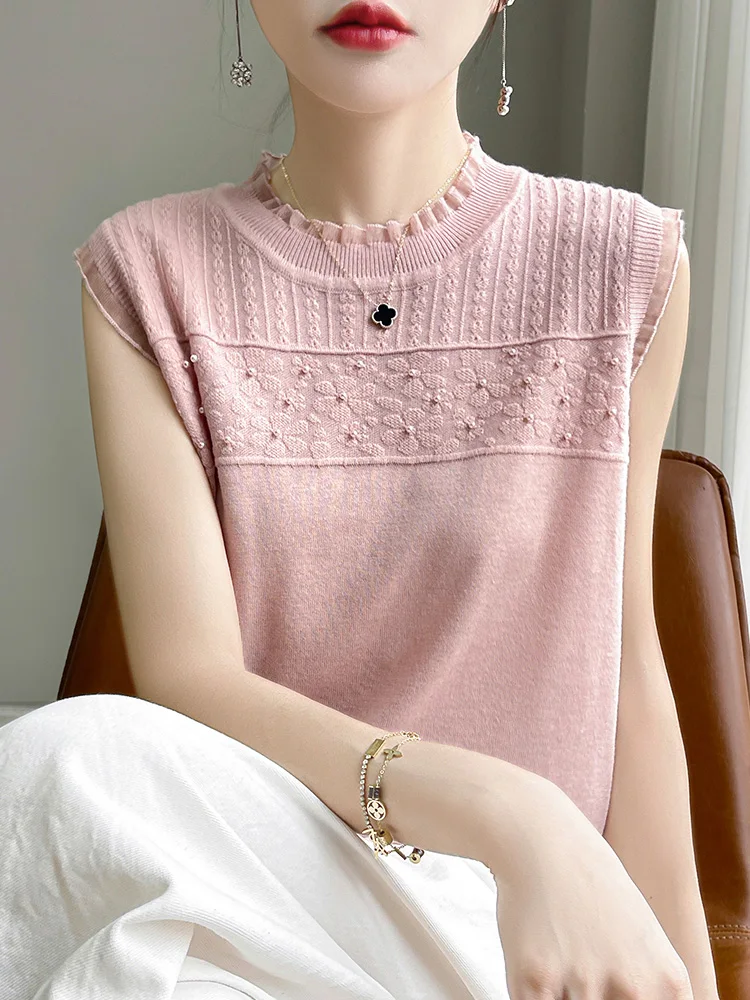 Summer new women\'s sweater lace wood ear 100% pure merino sweater sleeveless O-neck hollow T-shirt