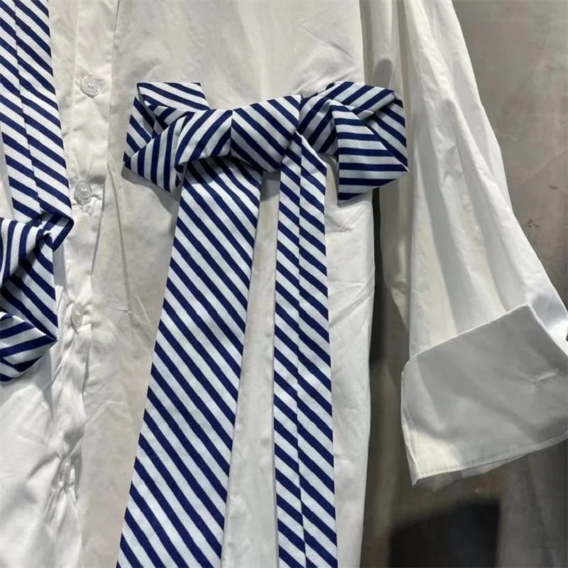 New In 2024 Autumn White Bows Stitch Mid-length Shirts Blouses For Women Loose Casual Long Sleeve Top Blusas Woman Clothes