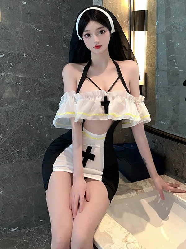 Sexy Playful Elegant Gentle Fashion Hollow Seductive Nun Cosplay Uniform Maid Dress Slash Neck Fashion Korean Women 9VBG