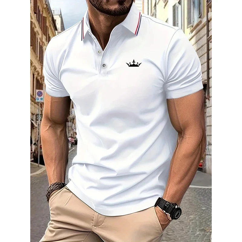 2026 New Men's Polo Shirt With Crown Pattern Printed Summer Lapel Striped men's short-sleeved casual, Breathable And Light Luxur