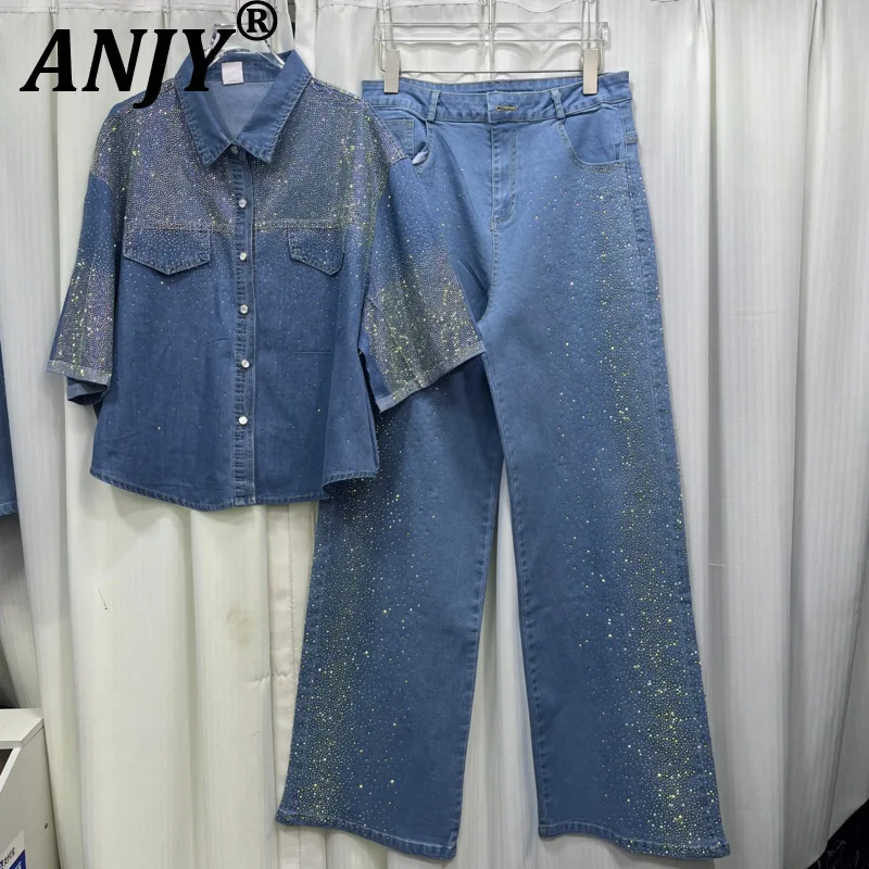

ANJY Autumn New Women's 2 Pieces Set Fashion Full Diamonds Short Sleeve Denim Shirt Elegant Fresh Straight Chic Ins Jeans A15818