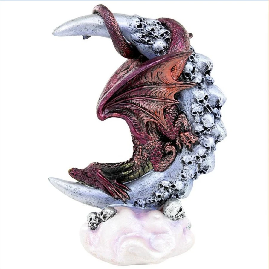 Resin Skull Sculpture for Halloween Decoration, Crescent Ornaments, Moon, Dragon Statue, Artifact, Gothic Style