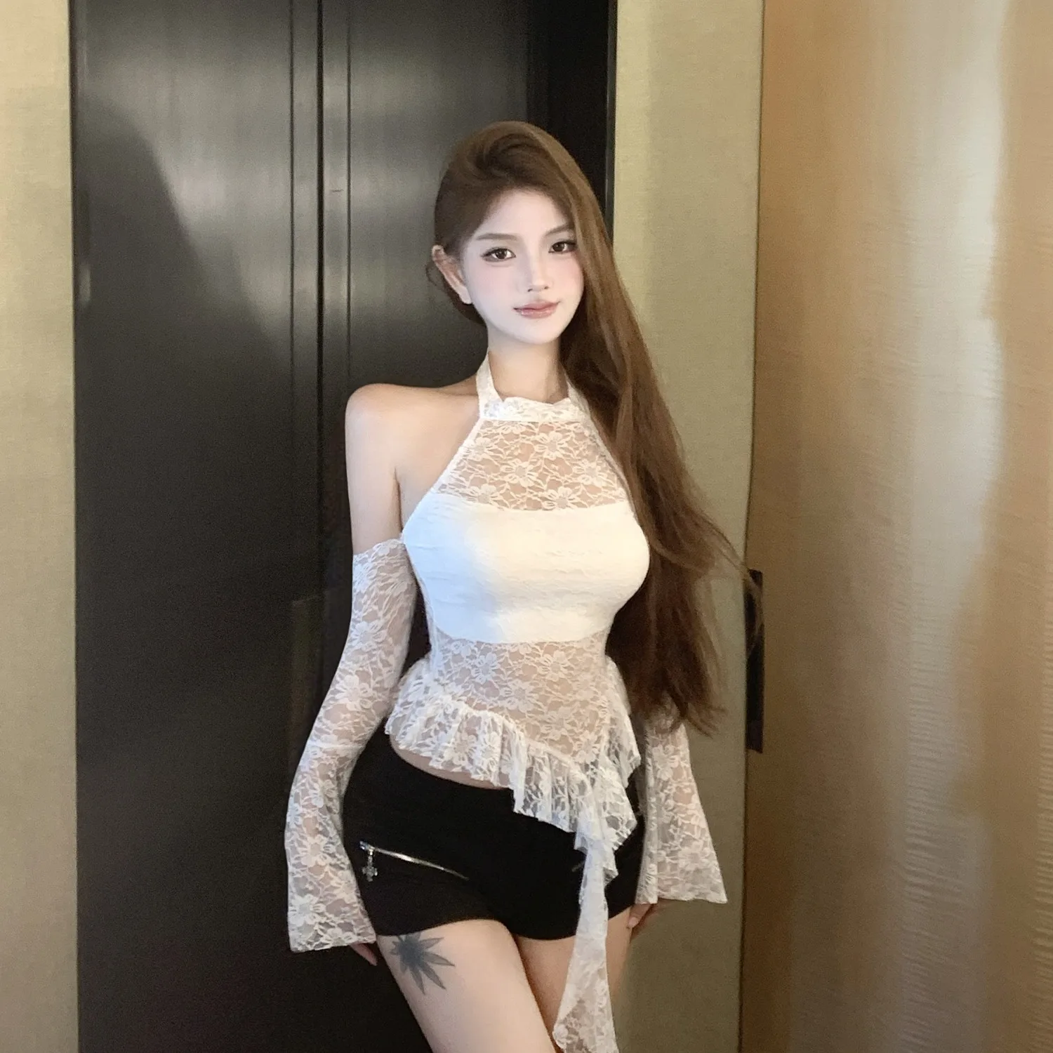 Pure Desire Spicy Girl oulder Bared One oulder Bell Sve Wit Kant Doorzichtige asymmetrische zoom Damestop