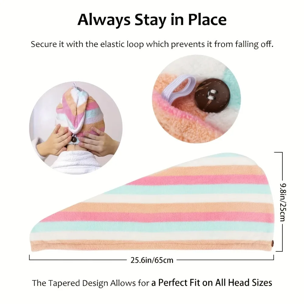Gorro de toalla para el cabello ultraabsorbente de secado rápido para mujer, turbante de microfibra a rayas coloridas, ducha, baño, gimnasio, 25x65cm, ligero y suave