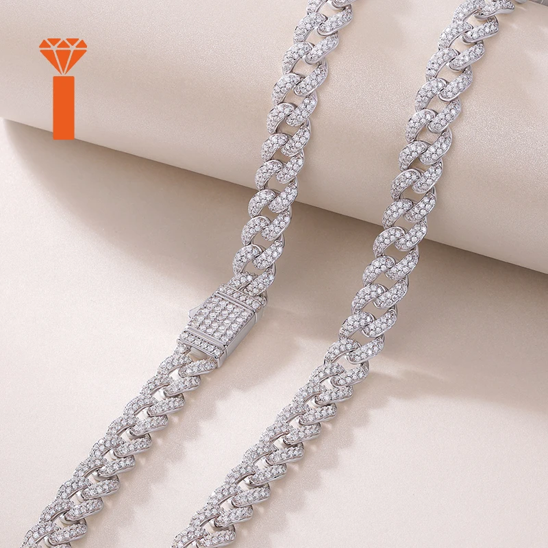 Width 10mm 925 Sterling Silver Moissanite Cuban Chain Necklace Rhodium Plated Pave Setting Hip Hop Style Party Cuban Necklace.