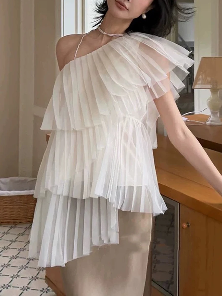 TWOTWINSTYLE Irregular Mesh Shirts for Women Diagonal Collar One Shoulder Solid Sheer Spliced Folds Blouse Female Fashion 2026