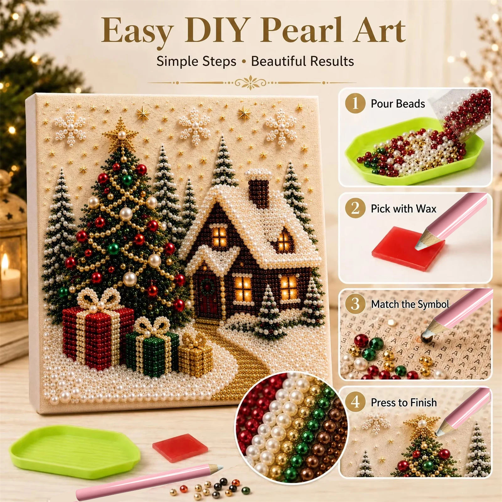 Christmas 3D Pearl Art Pearl Diamond Painting Art Set With Frame DIY Pearl Beads Craft Kit For Adults Home Decor Wall Art Gift