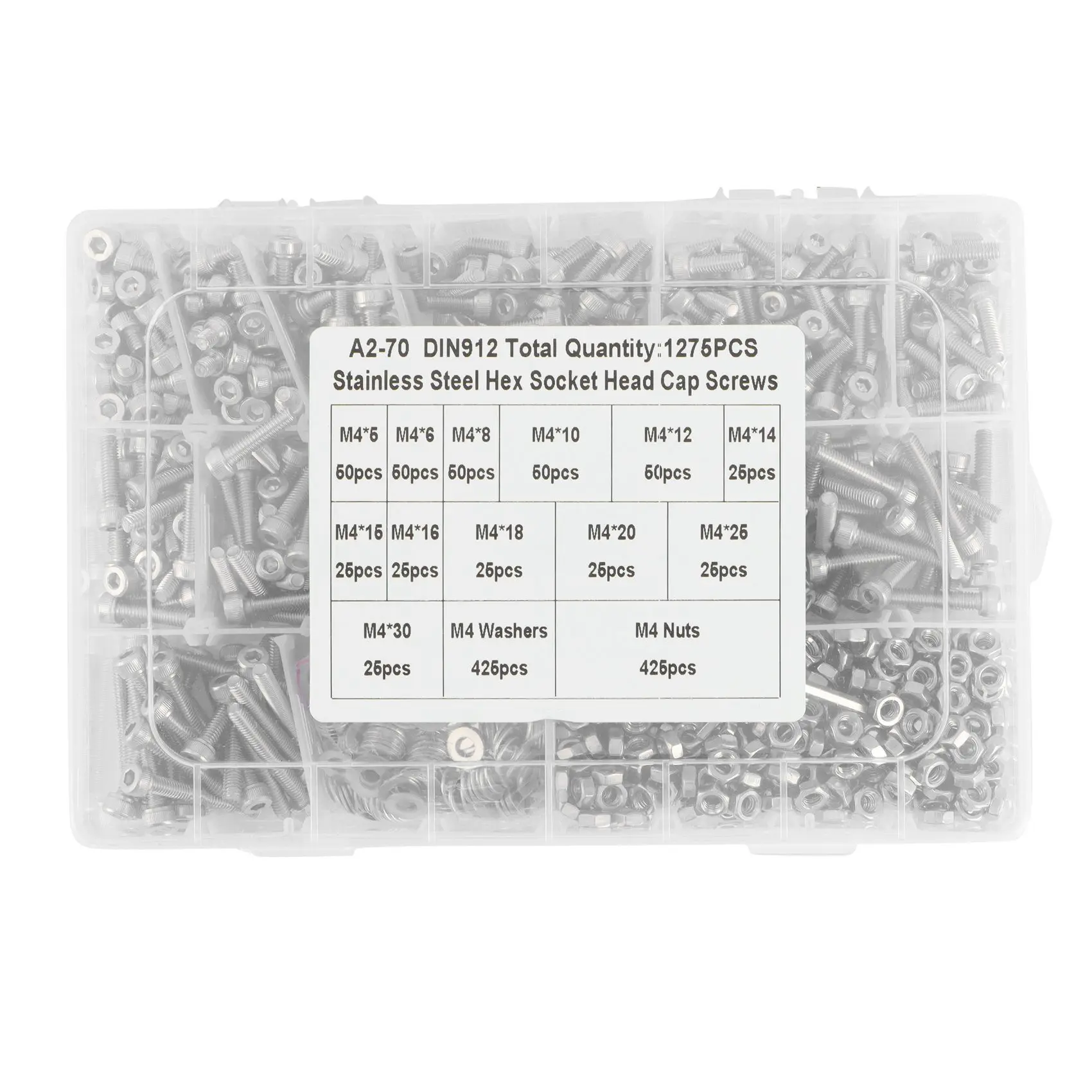 

1275 Pieces x 5/6/8/10/12/14/15/16/18/20/25/30mm 304 Stainless Steel Hexagon Socket Screw Bolt Nut Washer Sorting Kit