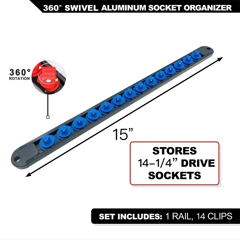 Premium Quality 360° Swivel ABS Socket Organizer Holder 1/4' 3/8' 1/2' Socket Clip Rail Tools Blue & Red