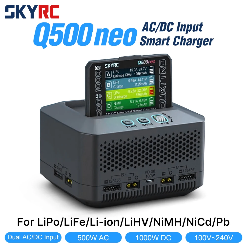 SKYRC Q500neo Charger 4×25A Ports 500W Discharge 16-bit ARM PID Adjustable Power Supply for LiPo LiFe Li-ion LiHV NiMH NiCd Pb