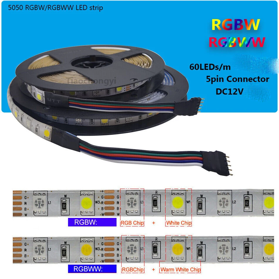 DC12V 5050 LED Strip 60LEDs/m Waterproof RGBW RGBWW Flexible LED light Tape 1M-2M