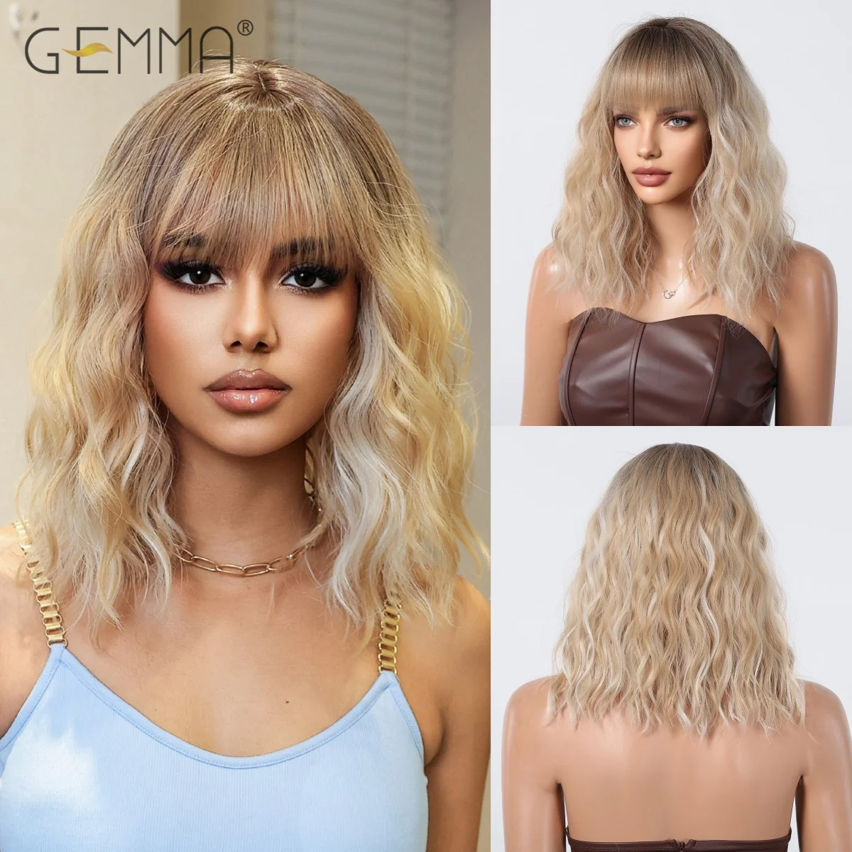 

Ombre Brown Blonde Synthetic Wig with Fluffy Bangs Short Wavy Curly Hair Wigs for Women Heat Resistant Cosplay Daily Use Hair