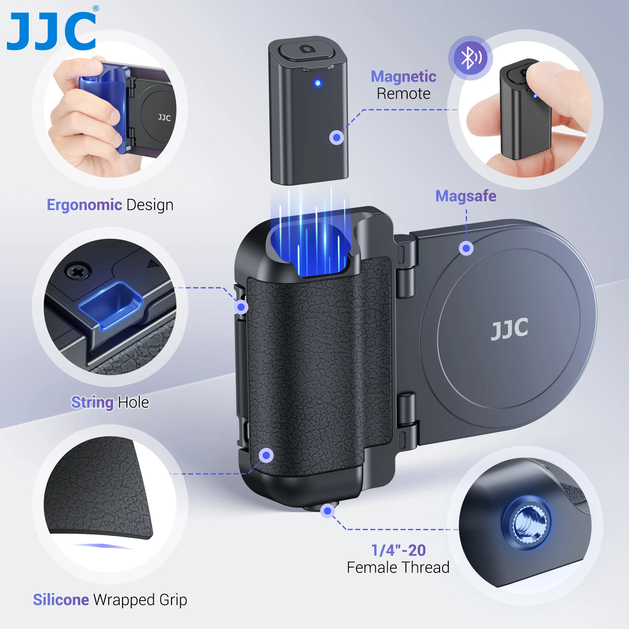 JJC Magnetic Snapgrip Phone Hand Grip Magsafe Handheld Bluetooth Remote Control Handle Phone Tripod Mount for Vlog iPhone 16 15