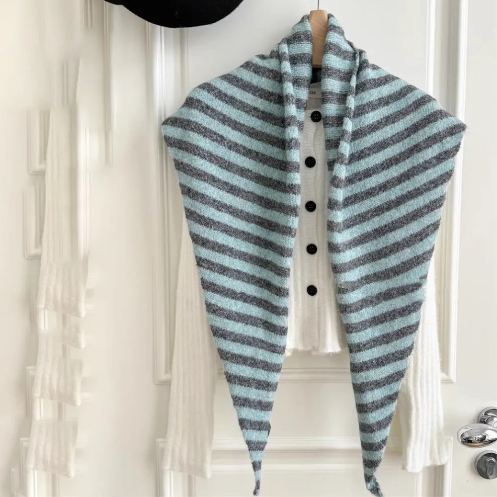 

Fashion Korean Style Striped Scarf Plush Cashmere Knitted Triangle Scarf Neck Warmer Windproof Cape Wraps Student