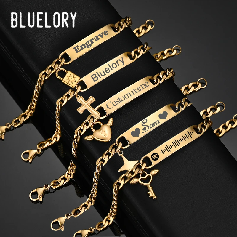 Bluelory Engrave Name Heart Bracelet For Girls Women Stainless Steel Custom Various Letter Symbols Cuban Chain Bracelet Gifts