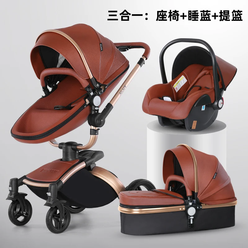 2023 Luxury high landscape pram newborn 3 in 1 car seat 360° swivel pu leather eggshell baby stroller