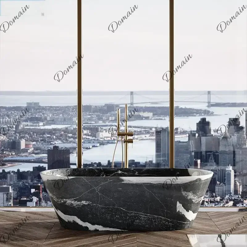 ER Customizable Freestanding Marble Bathtub Natural Stone Tub, Luxury Soaking Tub for Villa/Hotel, 180cm Carrara Royal Cream Bat