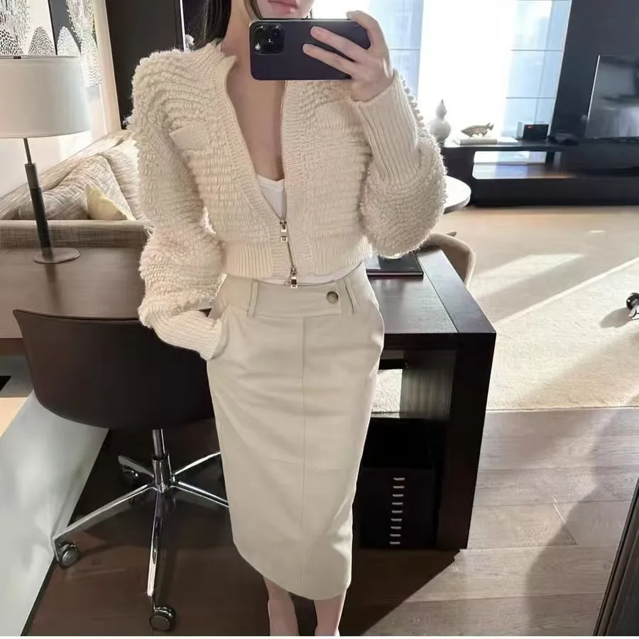 

Вязаный свитер на молнии с воротником-стойкой, пальто, женский ретро ленивый стиль, праздничный повседневный удобный облегающий кардиган F241