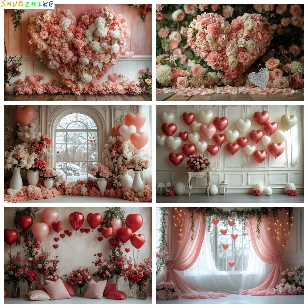 

Valentine's Day Photography Background Red Heart Balloon Rose Flowers Wedding Party Decor Portrait Backdrop Photo Studio