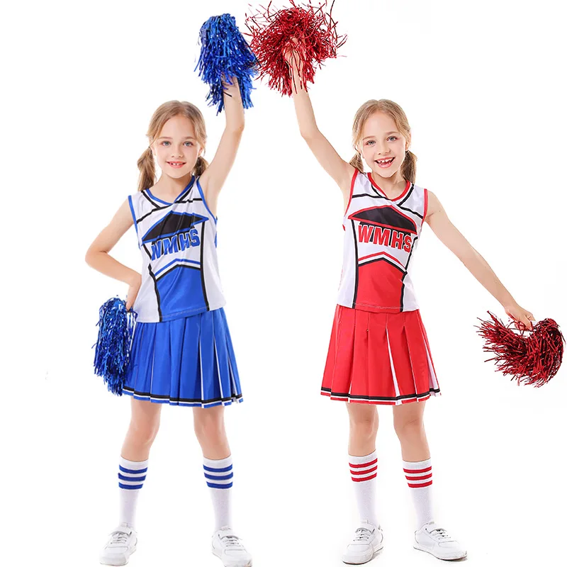 Girls Cheerleader Dress Pompoms Set Uniform Kid Schoolgirl Games Gleeing Cheer Uniform Halloween Girl Cosplay Costume