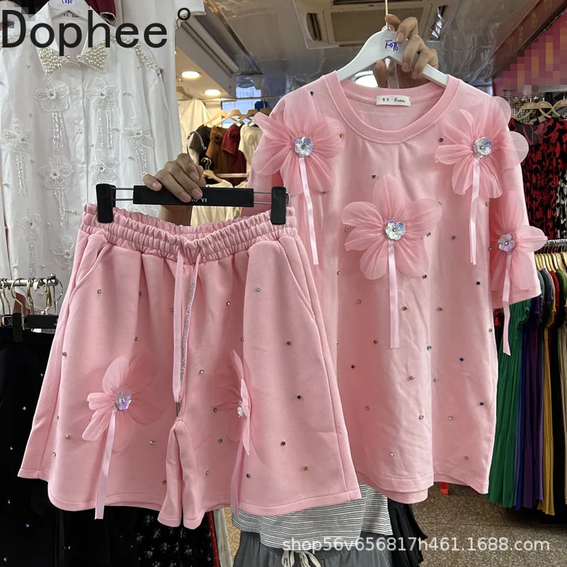 

2025 New Summer Casual Women Two-piece Set 3D Flowers Diamonds Loose Short Sleeve T-shirt Top + Elastic Waist A-line Shorts Suit