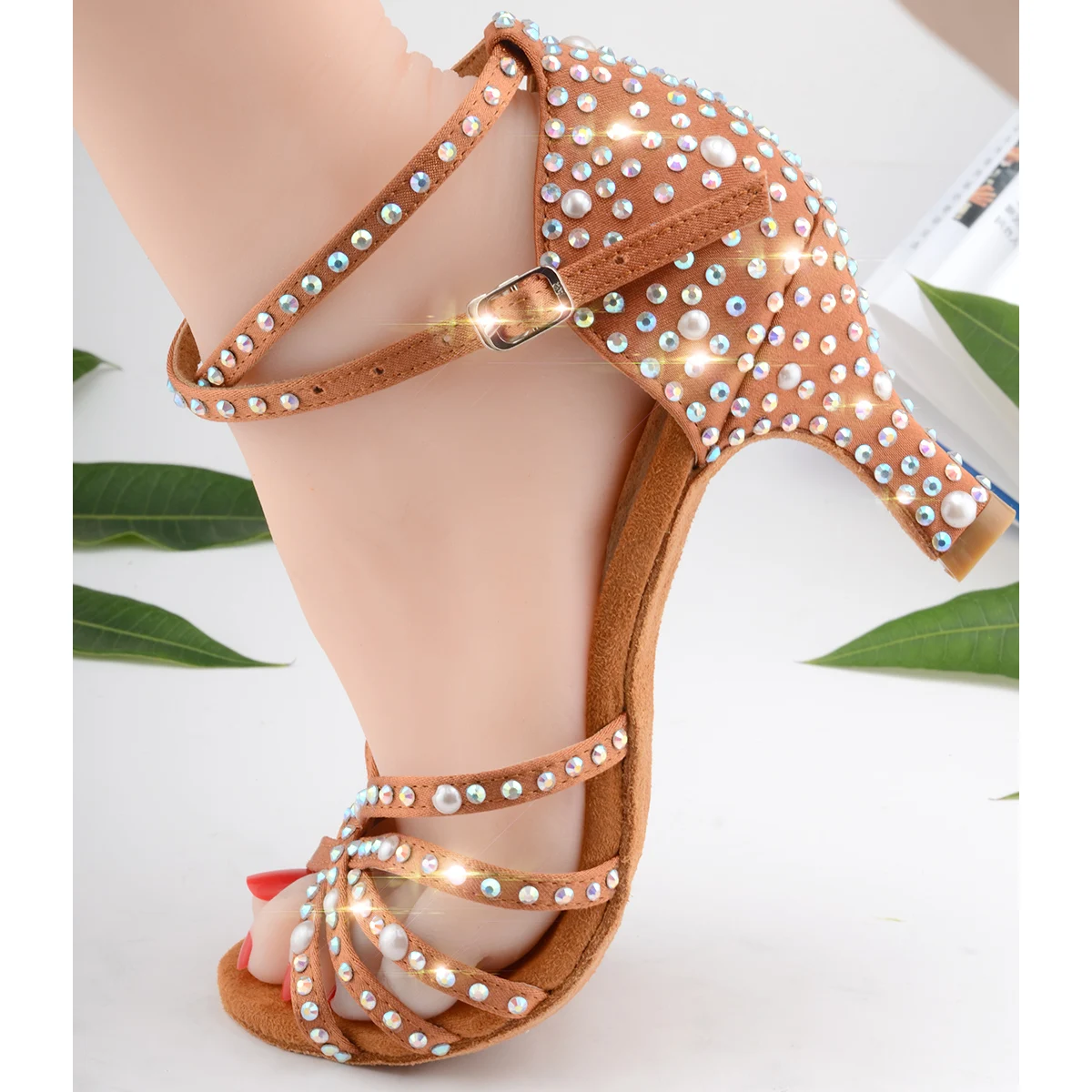 Customized Venus lure Bronze Satin Latin Woman Dance Shoes Open Small Beads 7.5CM