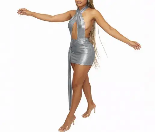 رقبة معلقة متقاطعة للخريف والشتاء، أشرطة منقوشة، ظهر مكشوف، أشرطة عائمة، فستان قصير معانقة الورك، ملابس نسائية