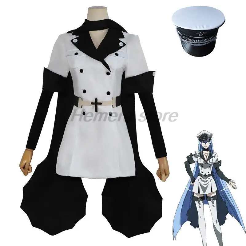 Esdeath Cosplay Akame Ga membunuh kostum Cosplay dengan topi kaus kaki Wig tato air pakaian pesta Halloween untuk wanita Set lengkap