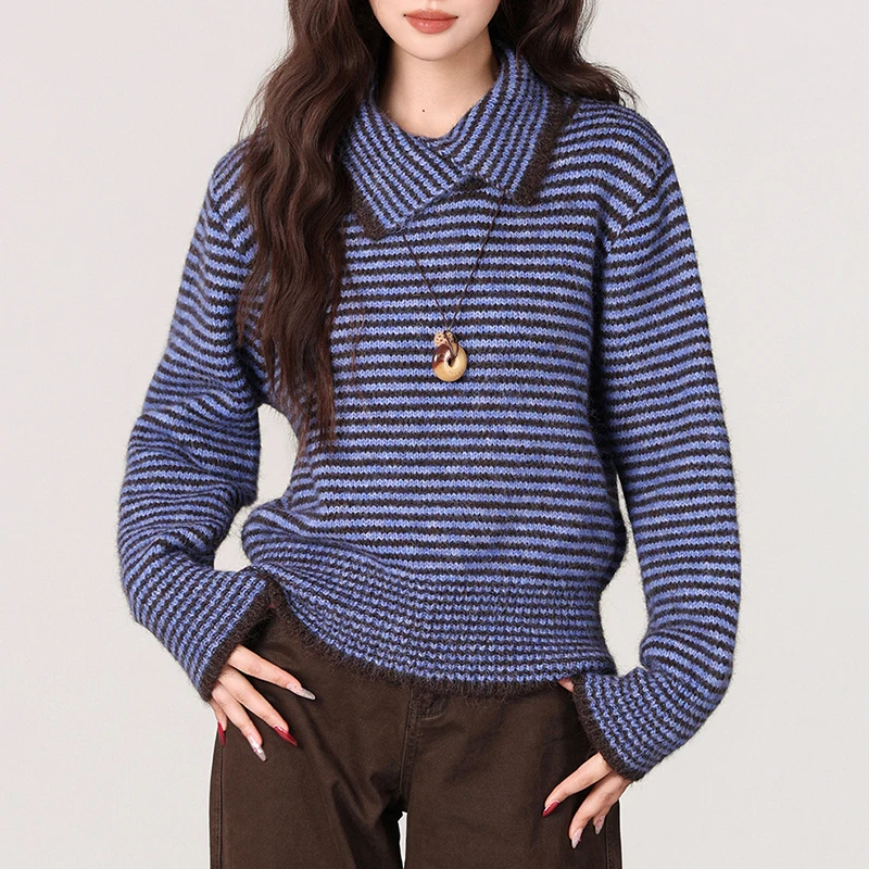 

Корейский модный полосатый свитер с воротником с лацканами, женский осенне-зимний свитер 2026, новые мягкие удобные вязаные топы, пуловеры, женская одежда синего цвета