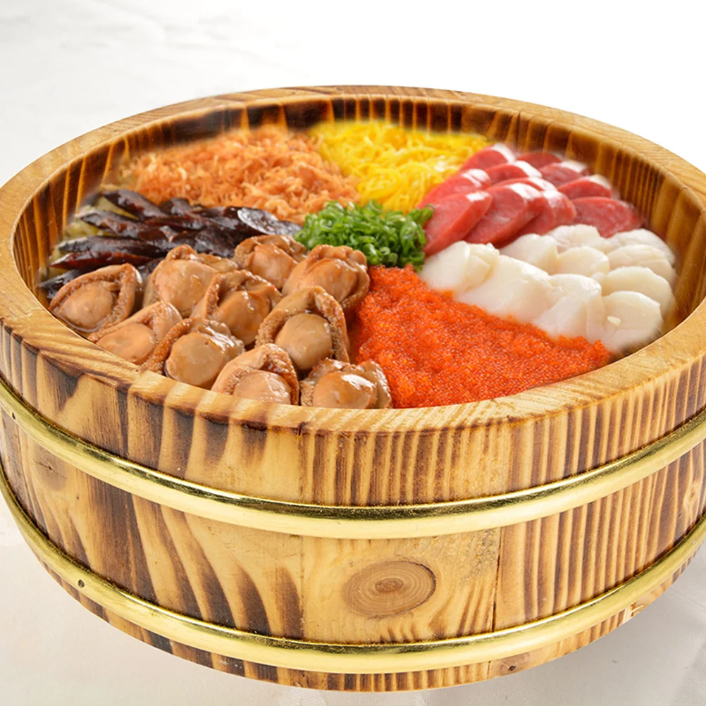 

Large Capacity Round Sushi Japanese Rice Barrel Food Serving Container Mixing Bucket Wooden Kitchen Gadget Restaurant Bibimbap