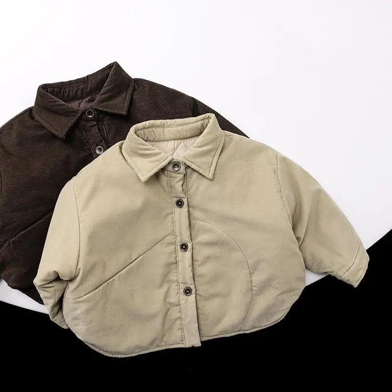 2025 Winter New Children Cotton Padded Jacket Solid Simple Boys Lapel Shirts Coat Thick Warm Kids Girls Quilted Jacket