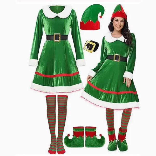 Christmas Elf Costume for Women Velvet Dress Set with Hat Belt Striped Stockings Shoe Covers Xmas Cosplay Outfit