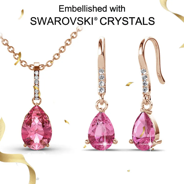 

Daisini из стерлингового серебра 925 пробы, розовый кулон в форме капли воды, ожерелье, серьги, набор с кристаллами Сваровски, свадебные украшения с четкими кристаллами