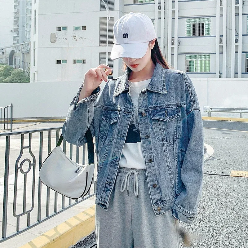Vintage Denim Jacket Women Single Breasted Lapel Loose Cowboy Jacket 2023 Spring Autumn New Fashion Indie Aesthetic Outwear Bf