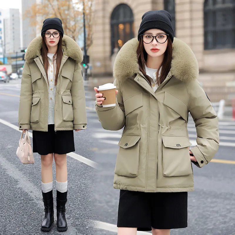 

European and American Fur Collar Hooded Parkas Women Waist Slim Fit Thicken Warm Parka Coat Large Pocket Winter Parkas Jacket