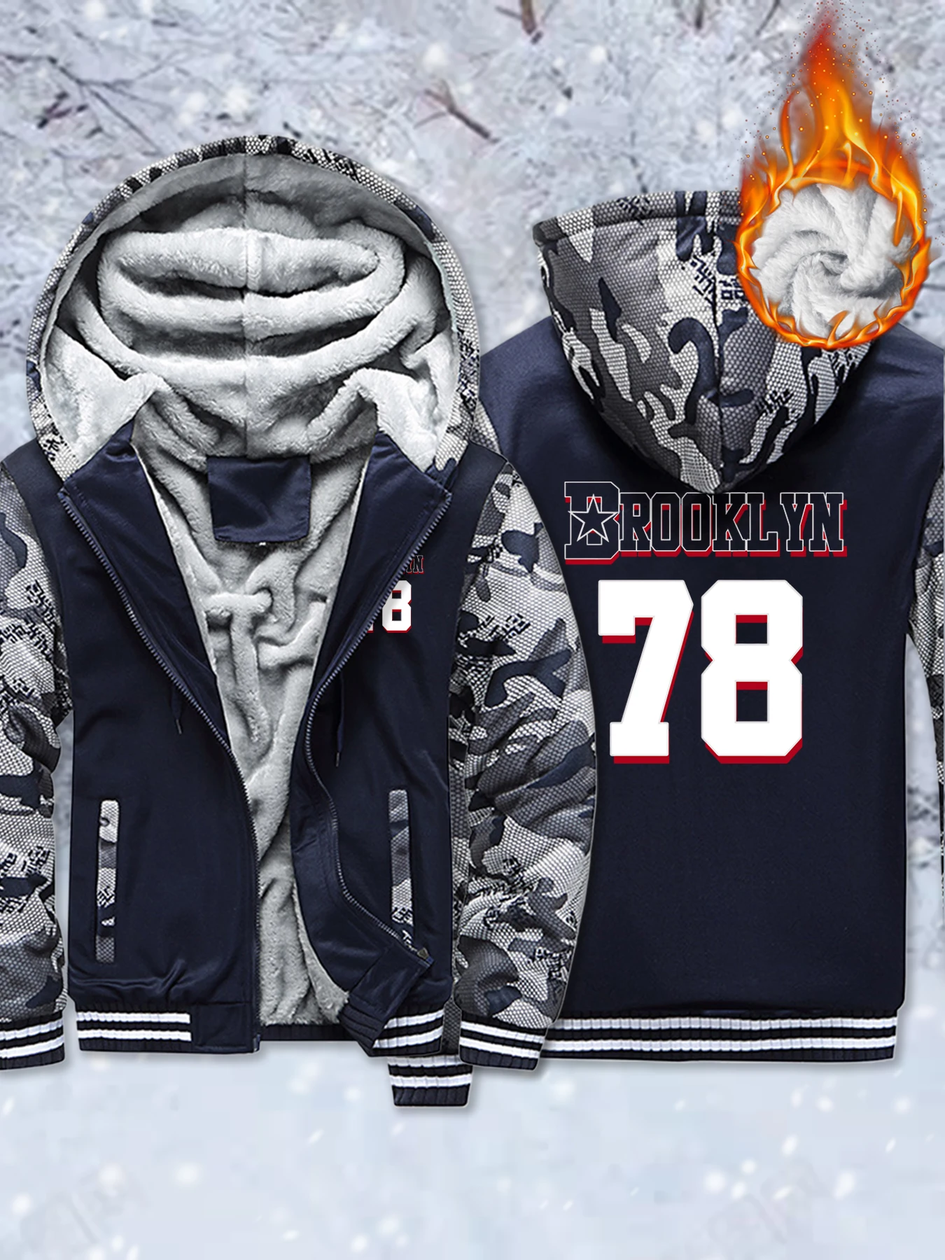 

Brooklyn Usa City Letter 78 Printed Thicken Jacket Man Zipper Loose Coats Winter Hip Hop Streetwear All-Match Fleece Hoodies