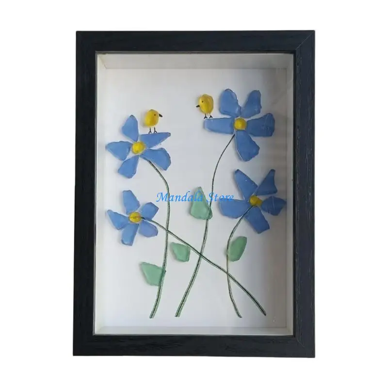 U2JC Handmade Sea Glass Artwork Forget Not Flower Birds Frame Table Art Decors Housewarmings Gift