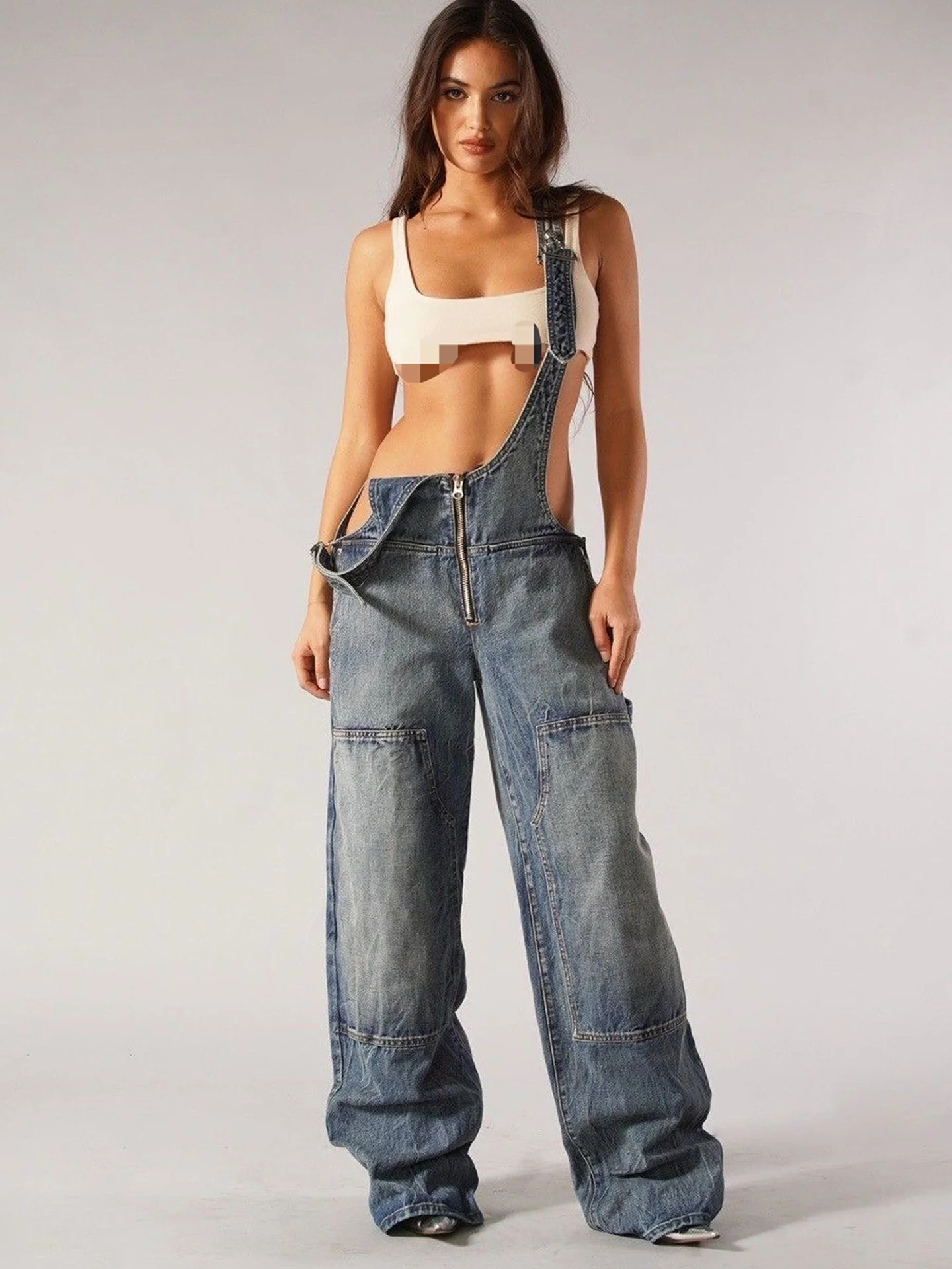 Chic Adjustable Strap Denim Jeans Women's Loose Casual Pocket Wide Leg Long Pants American Style High Waist Pure Color Summer...