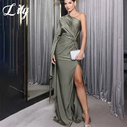 Lily Green Prom Dresses One Shoulder Evening Dress with Pleats Satin Trumpet Party Dress Sexy Side Slit A-Line Robe De Soirée