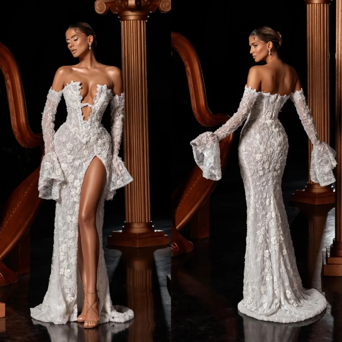 

Modern Appliques Pearls Wedding Dresses Strapless Bridal Gowns High Split Flare Sleeves Mermaid Customized Vestidos De Novia