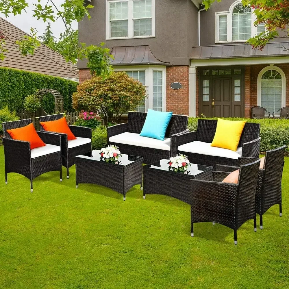 Rattan Outdoor Patio Furniture Set with Cushions, Tempered Glass Coffee Table, Suitable for Garden, Lawn, Balcony, and Backyard,
