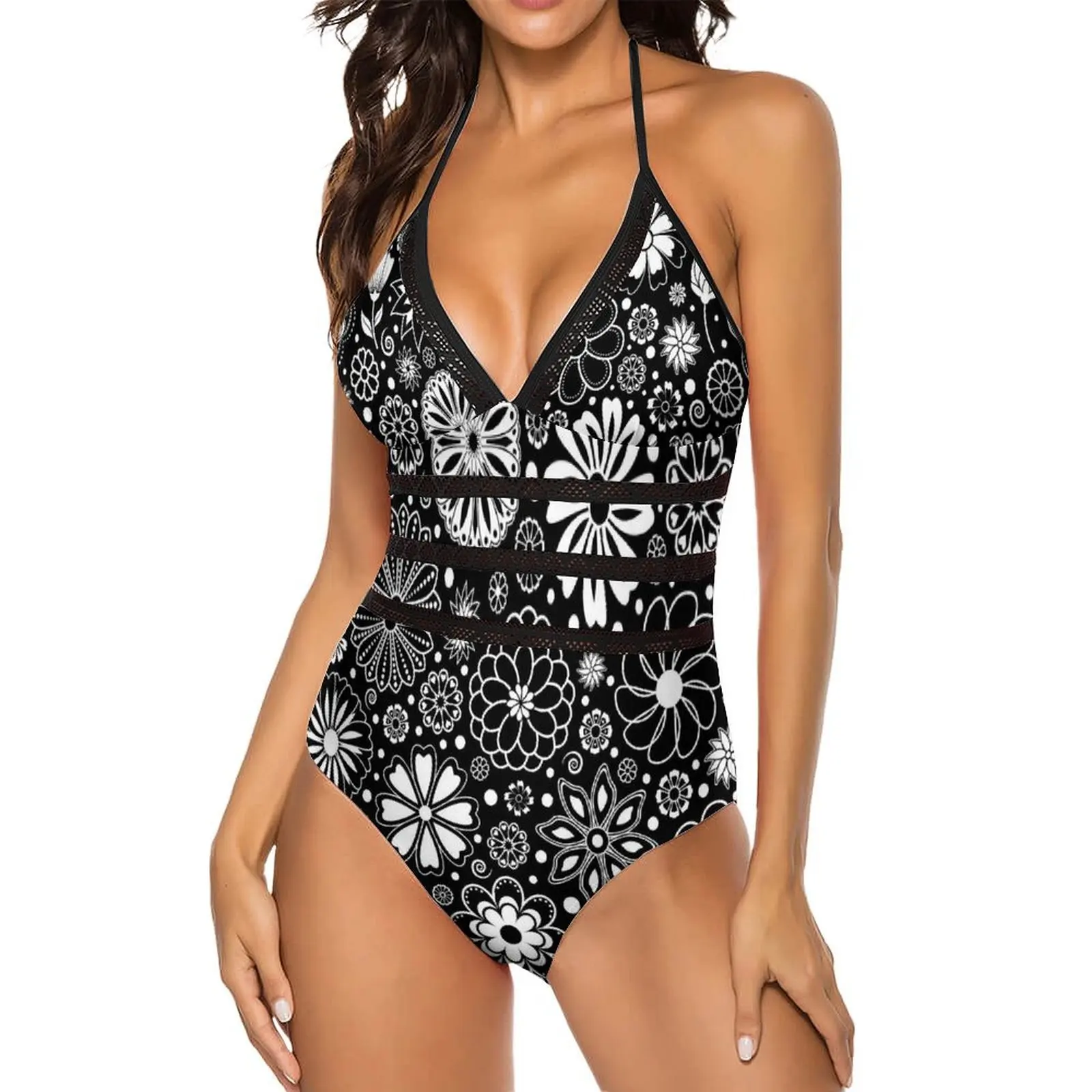 Retro Black White Outline Flower Print Swimsuit One Piece Swimwear Push Up Surf Bathing Suit Sexy Halter Bodysuit Beach Outfits